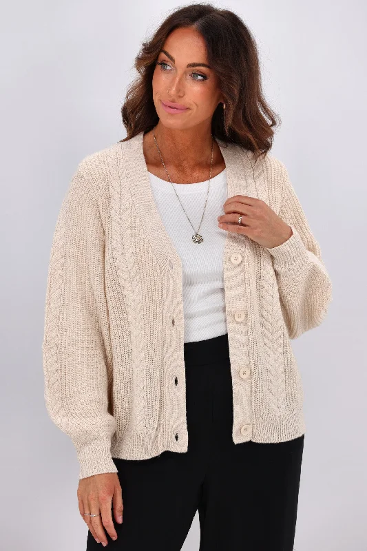 Alpine By Shine On Camille Merino Cable Knit Cardigan Oatmeal