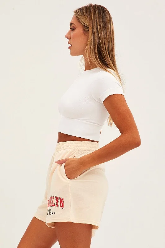 Beige Elastic Waist Biker Track Shorts