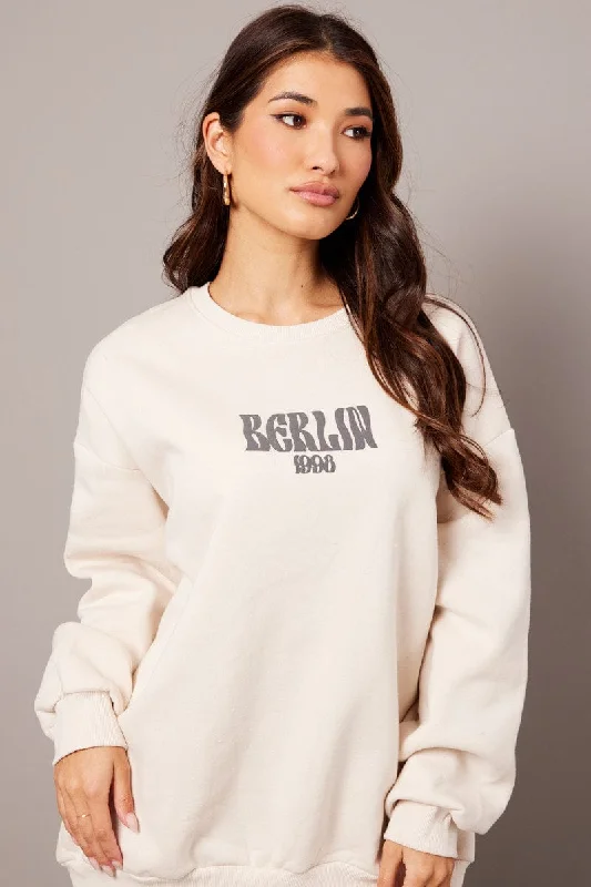 Beige Graphic Sweater Long Sleeve