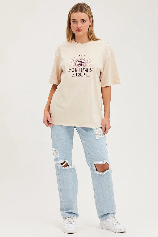 Beige Long Line T Shirt Short Sleeve