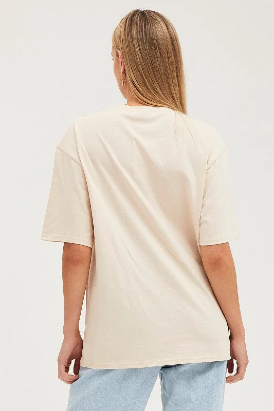 Beige Long Line T Shirt Short Sleeve