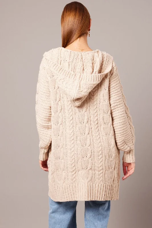 Beige Longline Cardigan Long Sleeve Hooded Cable Knit