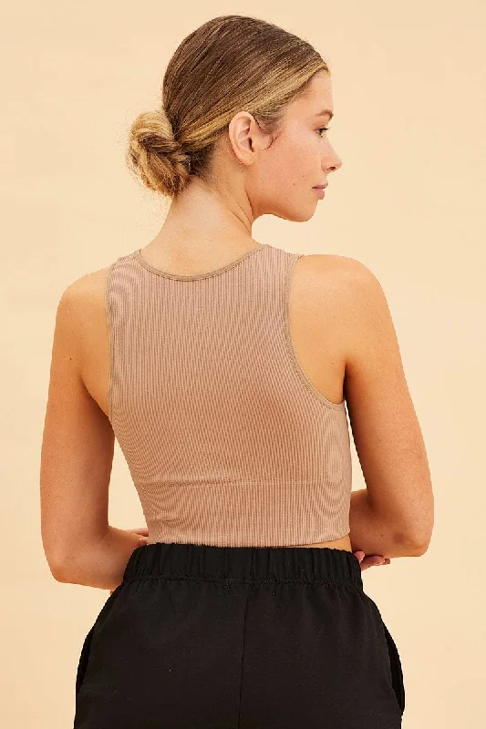 Beige Seamless Tank Top High Neck Rib Crop