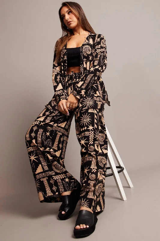 Black Abstract Wide Leg Pants High Rise