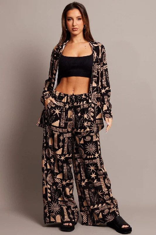 Black Abstract Wide Leg Pants High Rise