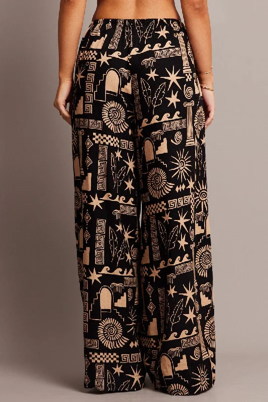 Black Abstract Wide Leg Pants High Rise