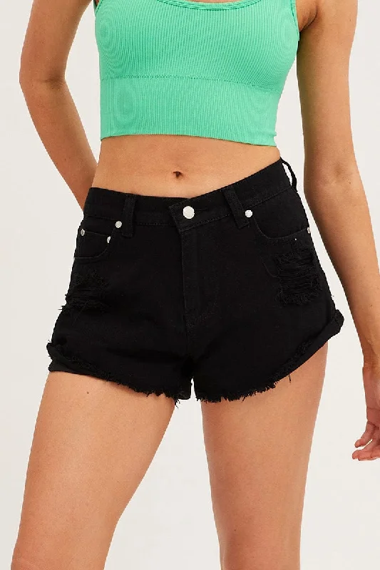 Black Denim Shorts Low Rise Relaxed