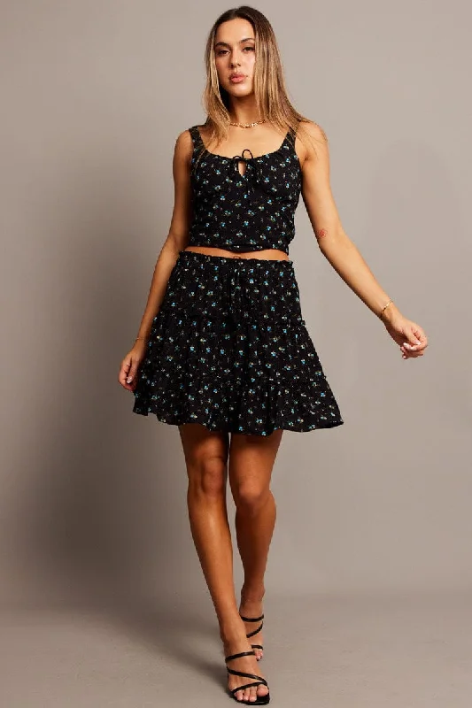 Black Ditsy Skater Skirt Elastic Waist Mini