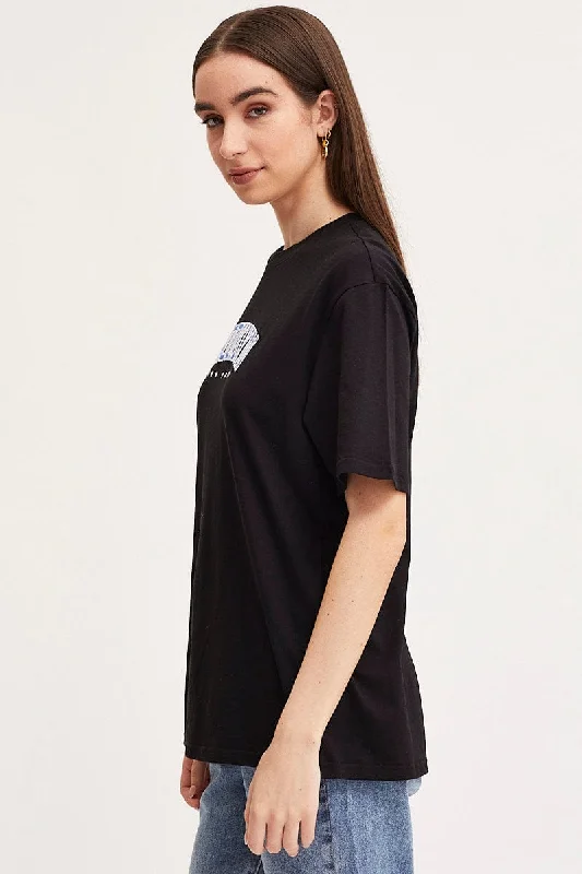 Black Graphic T Shirt Short Sleeve Embroided