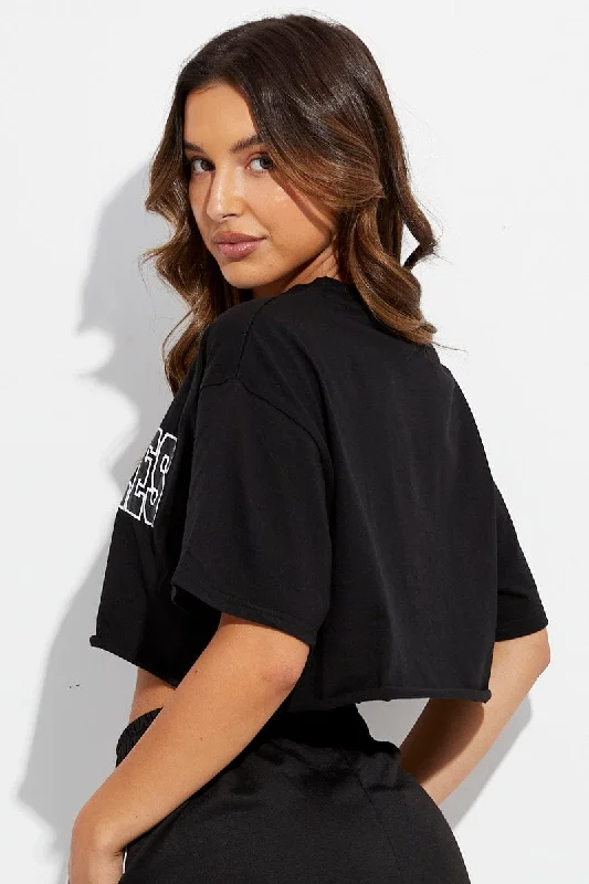 Black Los Angeles Crop Tee Short Sleeve Crew Neck