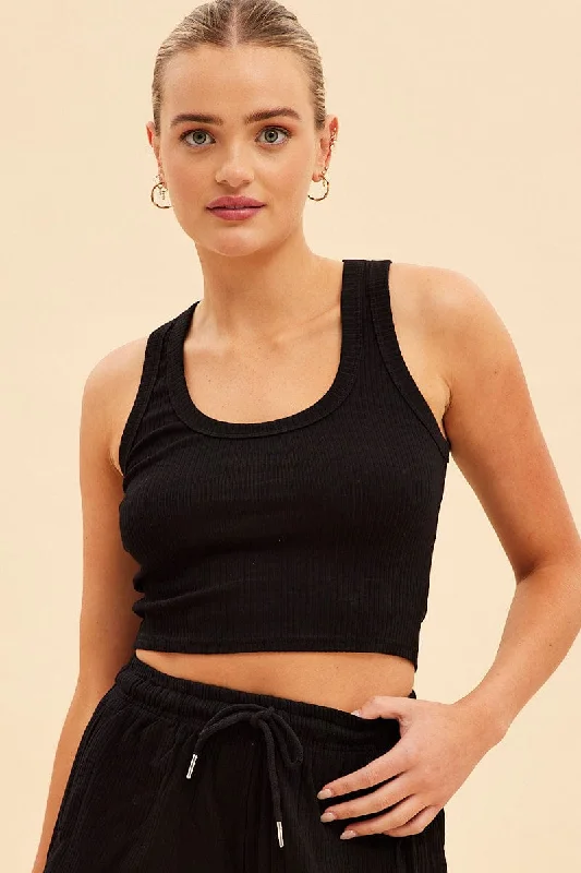 Black Prea Scoop Neck Crop Rib Sleeveless Tank