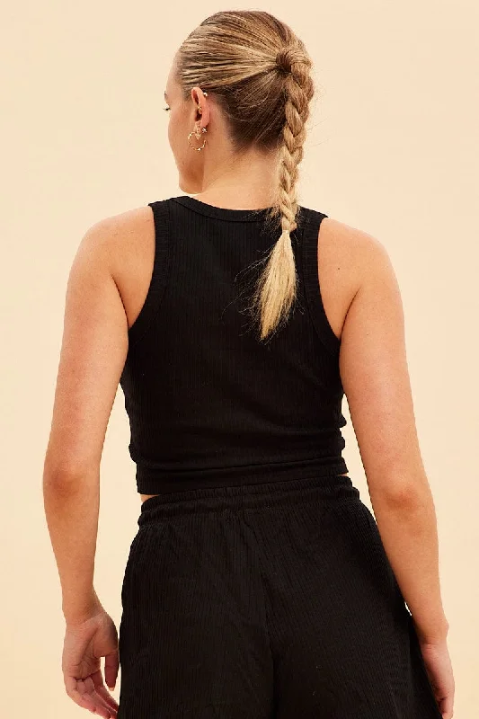 Black Prea Scoop Neck Crop Rib Sleeveless Tank