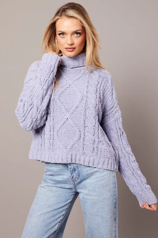 Blue Cable Knit Jumper High Neck