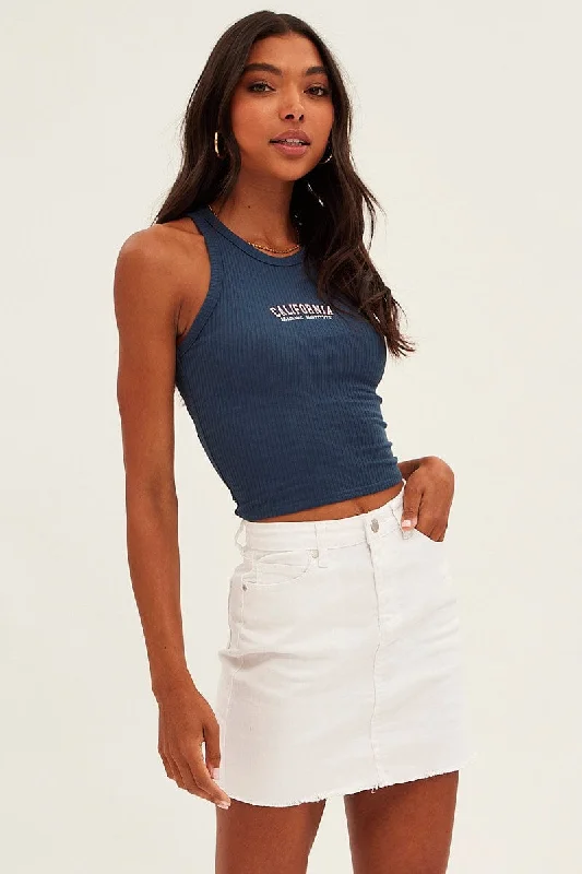 Blue Crop Tank California Embroidered