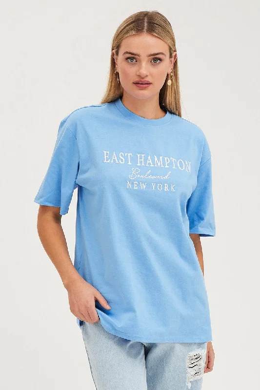 Blue Graphic T Shirt Oversized Crew Neck