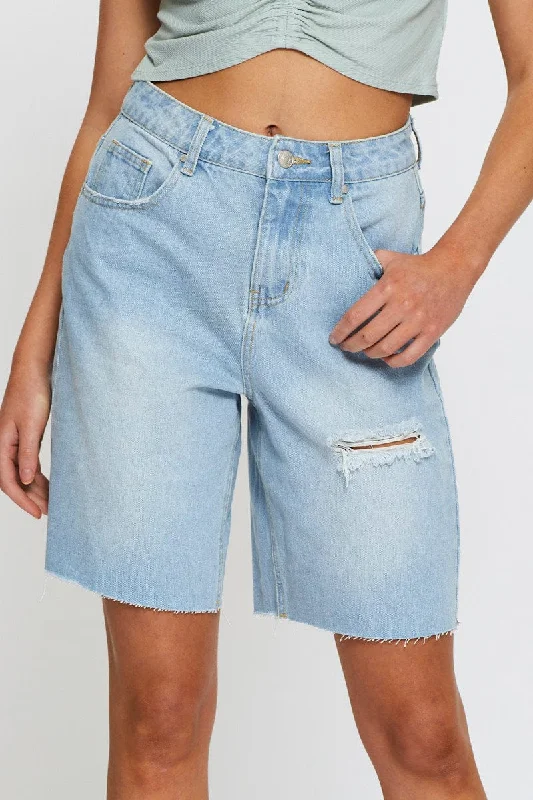 Blue Knee Length Denim Shorts High Rise