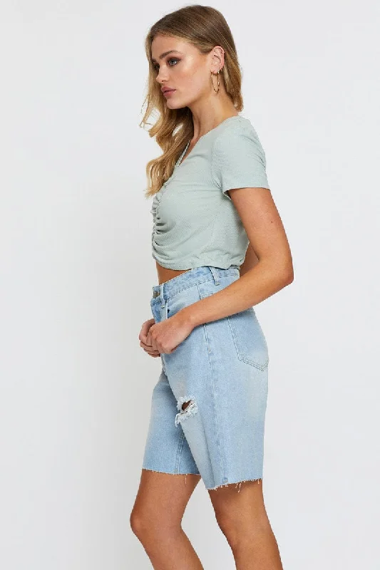 Blue Knee Length Denim Shorts High Rise