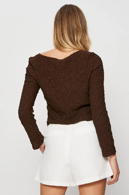 Brown Crop Cardigan Long Sleeve Tie Front