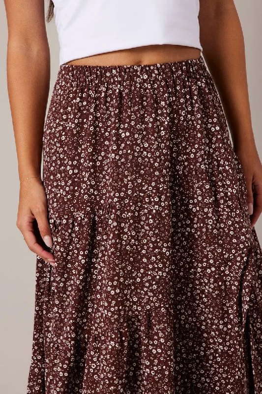 Brown Ditsy Maxi Skirt High Rise Tiered