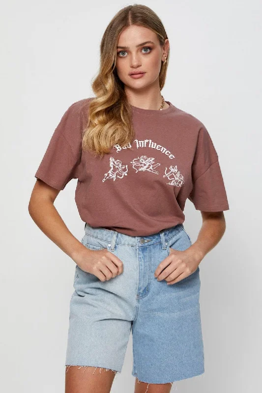 Brown Graphic T Shirt Short Sleeve Crop