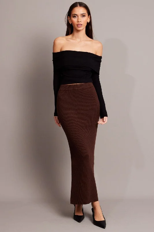 Brown Knit Skirt High Rise