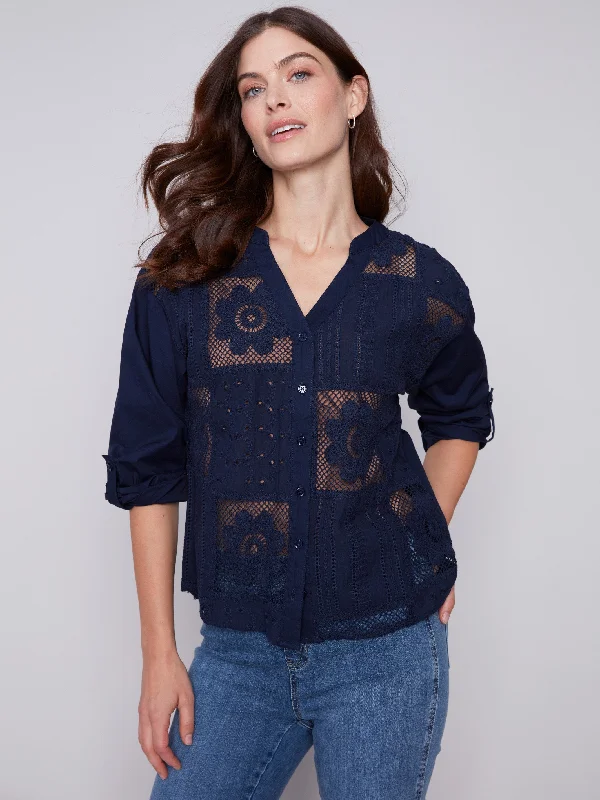 Cotton Eyelet Shirt - Navy