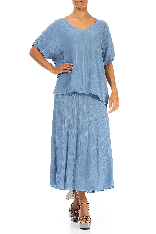 Crinkled Light Denim Silk Viscose Skirt