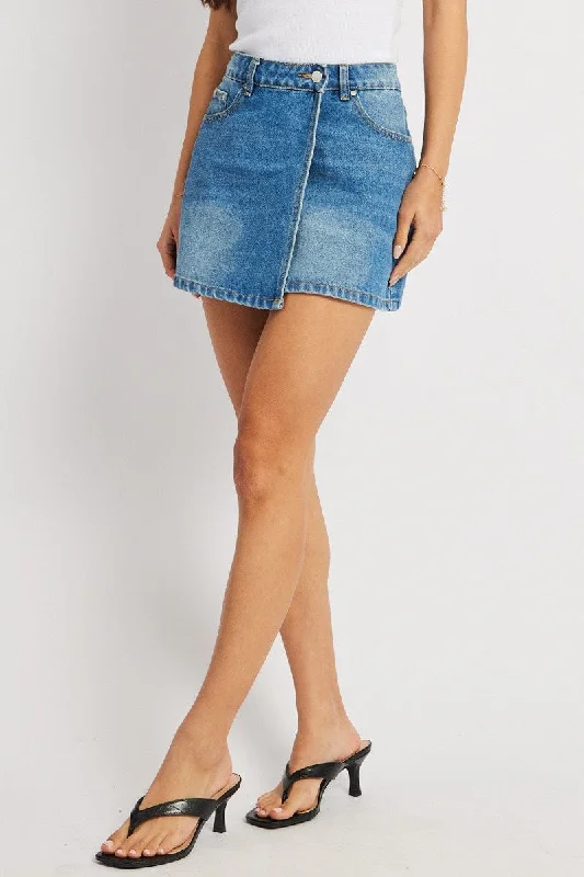 Denim Asymmetric Skirt Mid Rise Wrap Mini