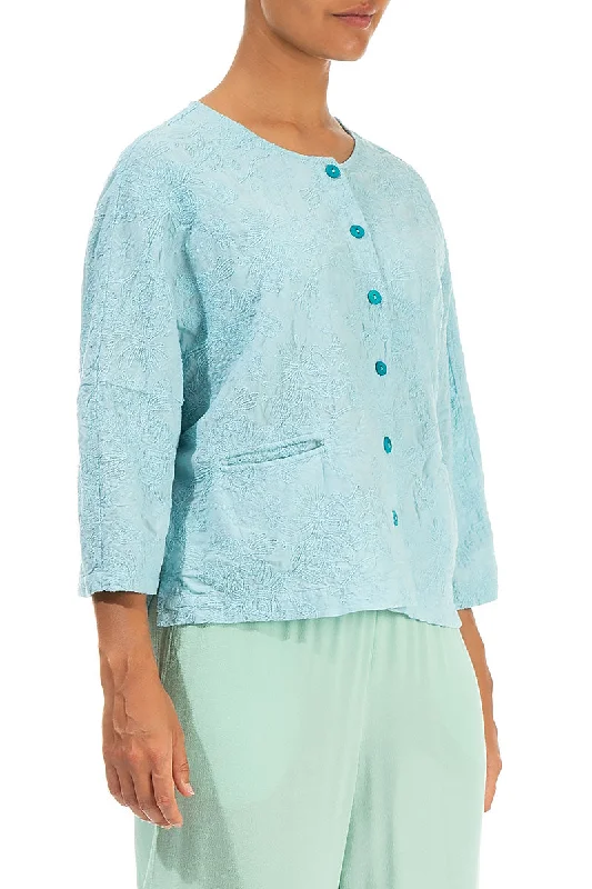 Embroidered Flowers Ice Blue Cotton Jacket