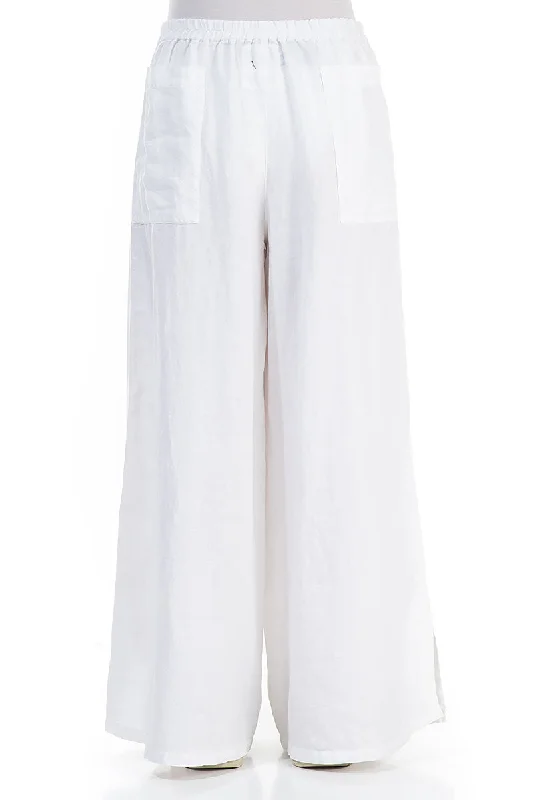 Flared Wide White Linen Trousers