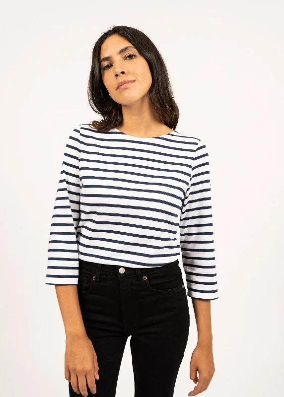 GALATHEE II - Breton Striped Top with ¾ Sleeve | Soft Cotton | Women Fit (WHITE / NAVY)