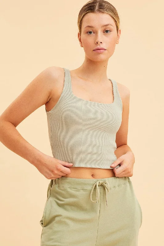 Green Crop Tank Square Neck Cotton Blend Rib