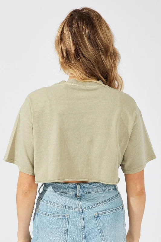 Green Graphic Tee Short Sleeve Crop Round Neck