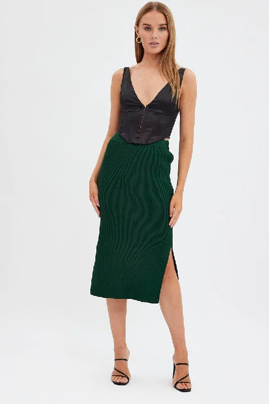 Green Knit Skirt High Rise Midi