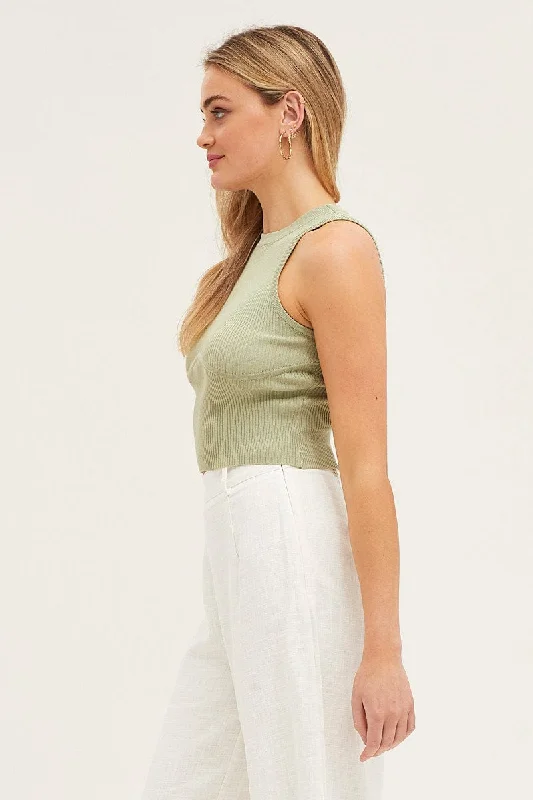 Green Knit Top Sleeveless Crop Round Neck