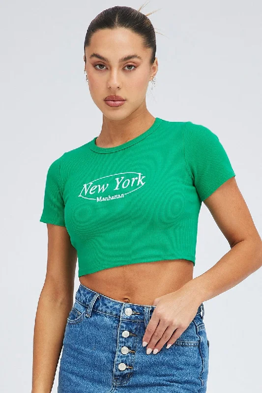 Green Tee Crop Short Sleeve New York Embroidery