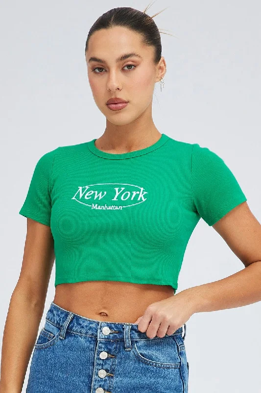 Green Tee Crop Short Sleeve New York Embroidery