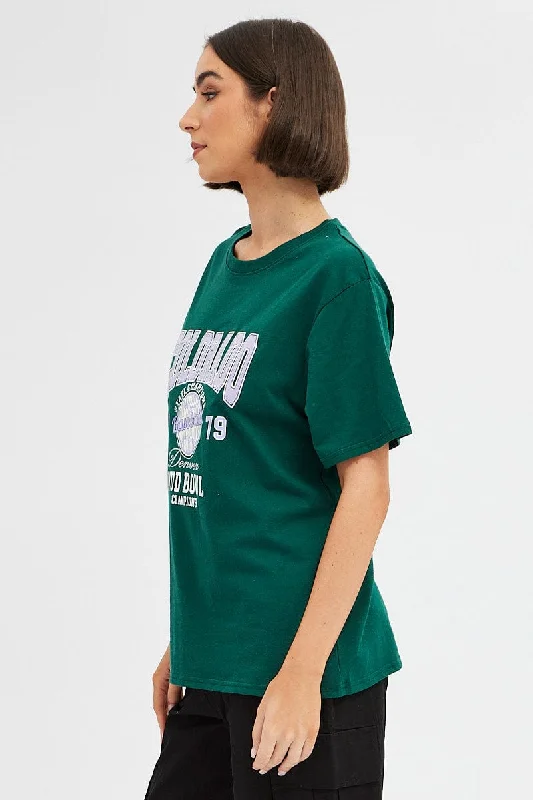 Green Tee Round Neck Short Sleeve Graphic Print