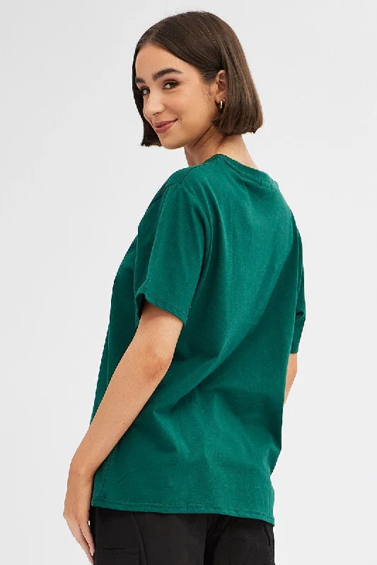 Green Tee Round Neck Short Sleeve Graphic Print