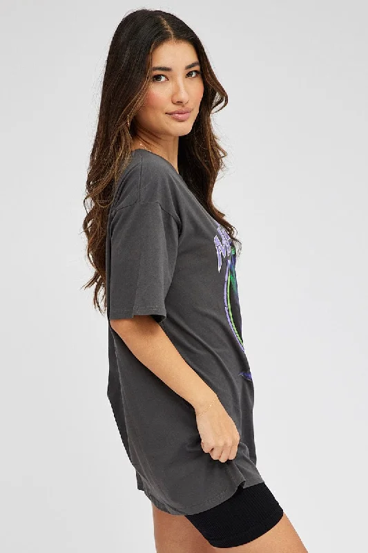 Grey Graphic Tee Short Sleeve Round Neck