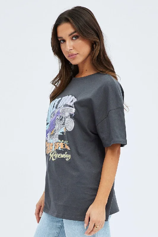 Grey Graphic Tee Short Sleeve Round Neck Print Jersey