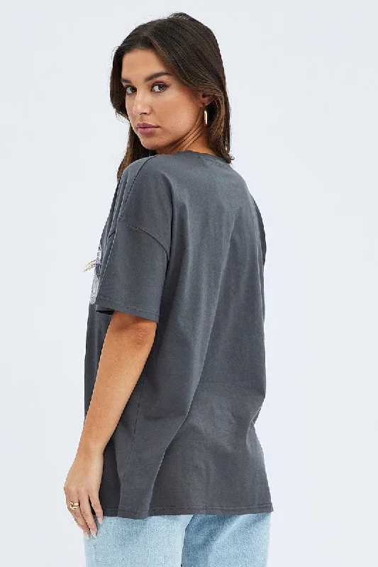 Grey Graphic Tee Short Sleeve Round Neck Print Jersey