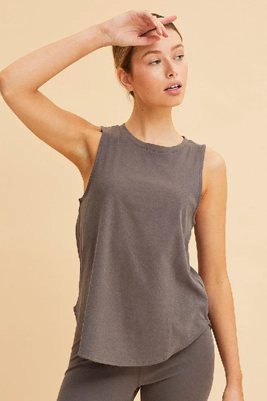 Grey Sleeveless Tank Cotton Crew Neck Curved Hem