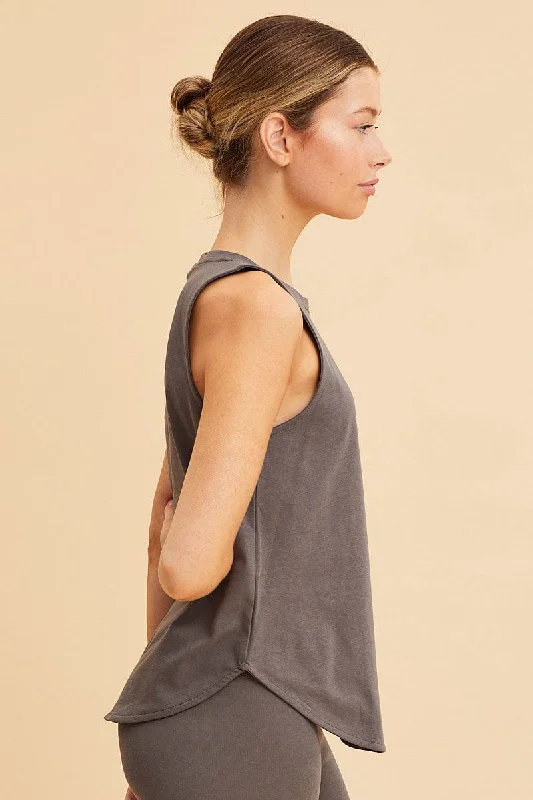 Grey Sleeveless Tank Cotton Crew Neck Curved Hem