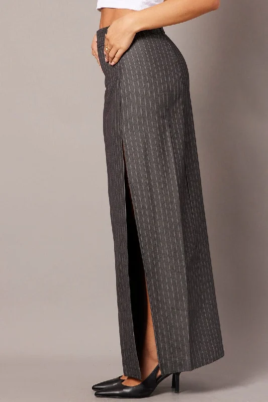 Grey Stripe Midi Skirt Tailored High Waist