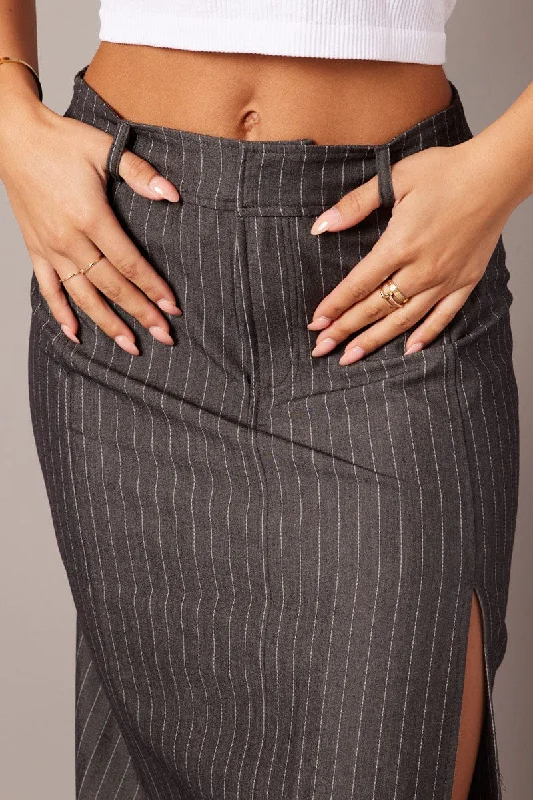 Grey Stripe Midi Skirt Tailored High Waist