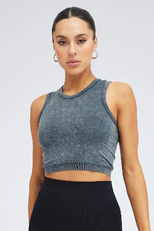 Grey Tank Top Crew Neck Washed Seamless