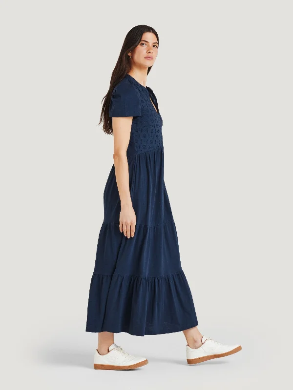 Merope Organic Cotton Broderie Dress - Navy