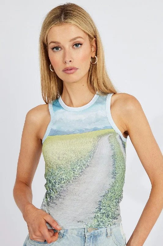 Multi Print Crop Tank Sleeveless Crew Neck