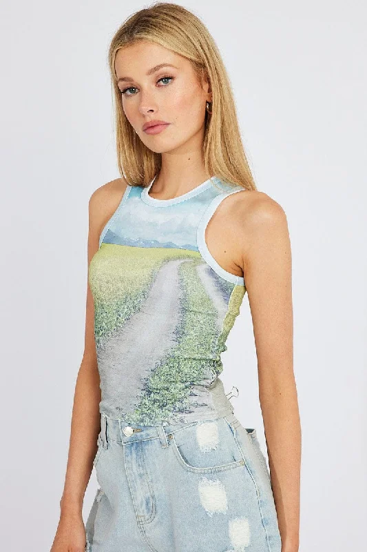 Multi Print Crop Tank Sleeveless Crew Neck